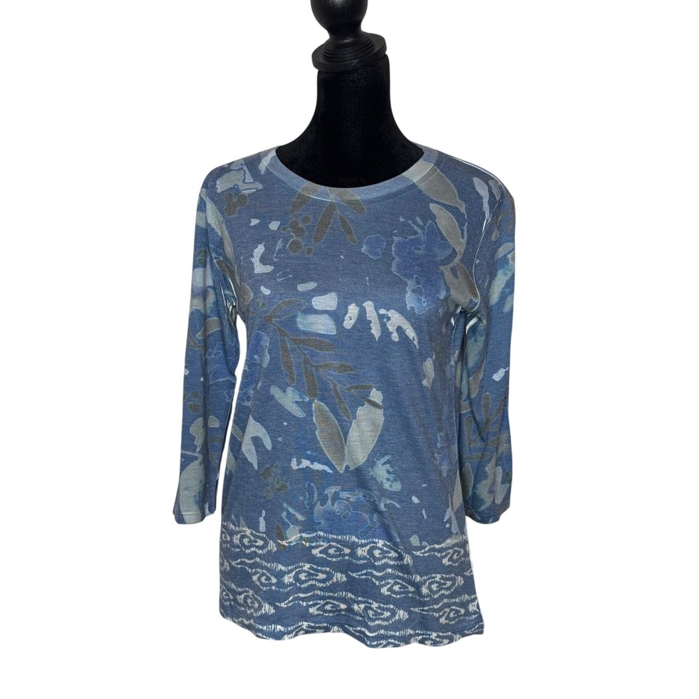 Whimsy Rose‎ Blue Abstract Floral 3/4 Sleeve Top Size S Artsy Coastal Layering